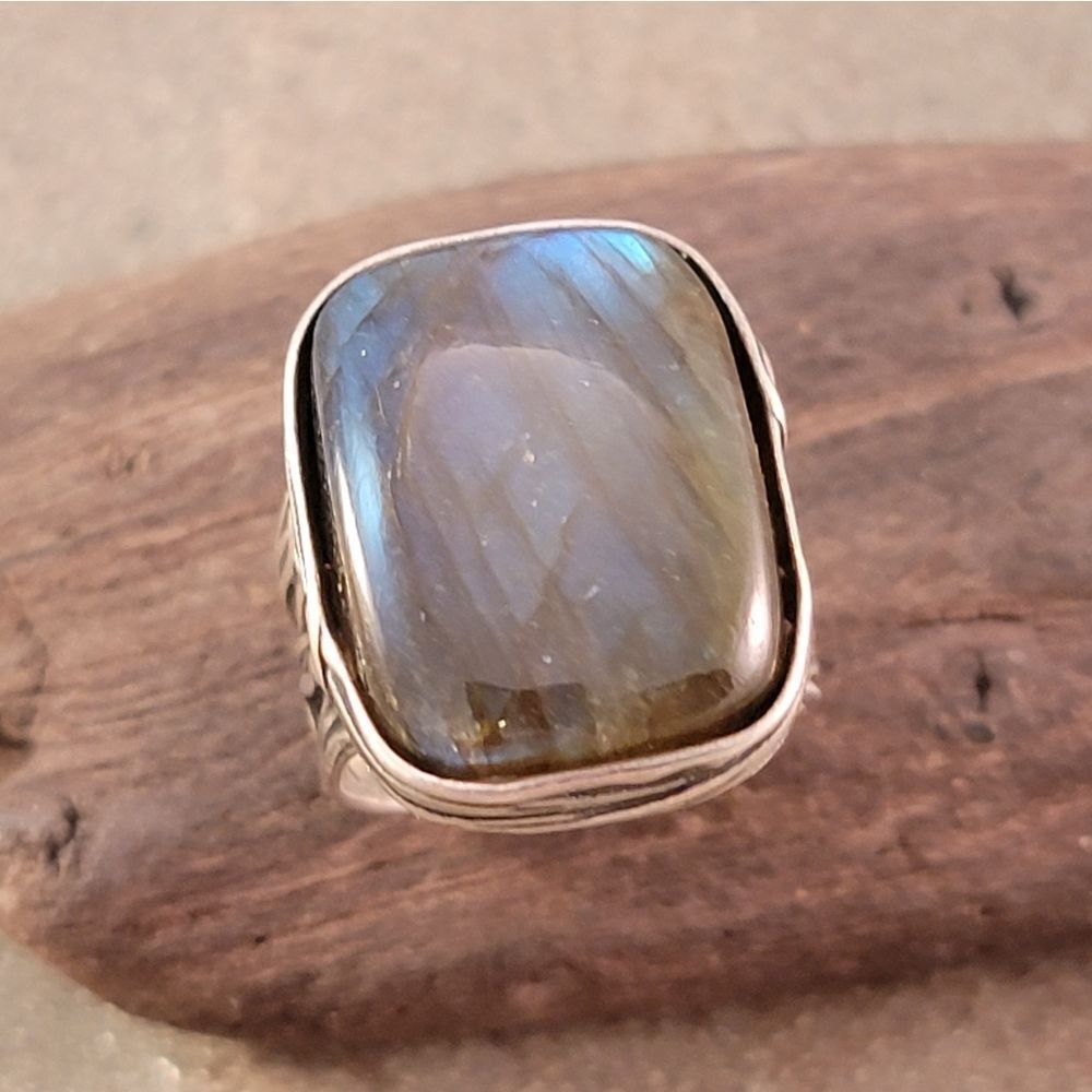 Sterling Paz Israel Labradorite Rextangle Bezel Set Organic Swirl Statement Ring - Picture 5 of 14